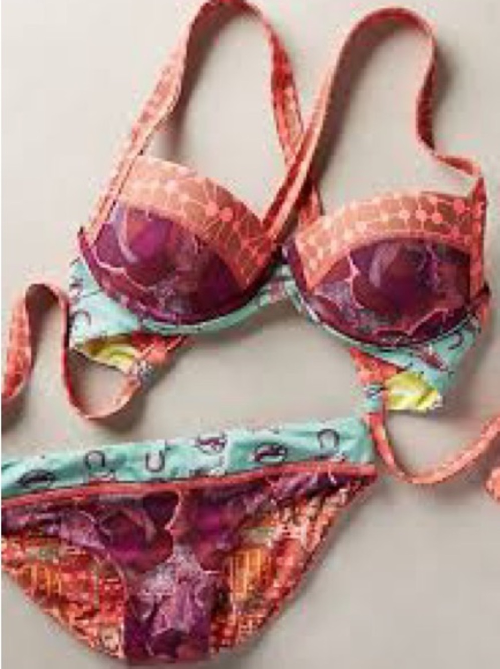 Maaji Floral Geometric Bikini Top in Teal, Pink & Brown
